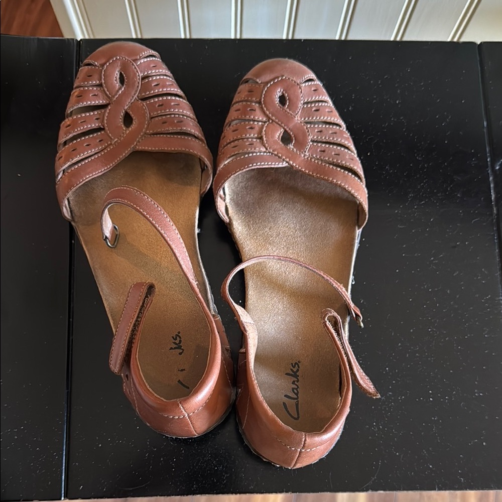 Clarks Brown Leather Flats with Intricate Design